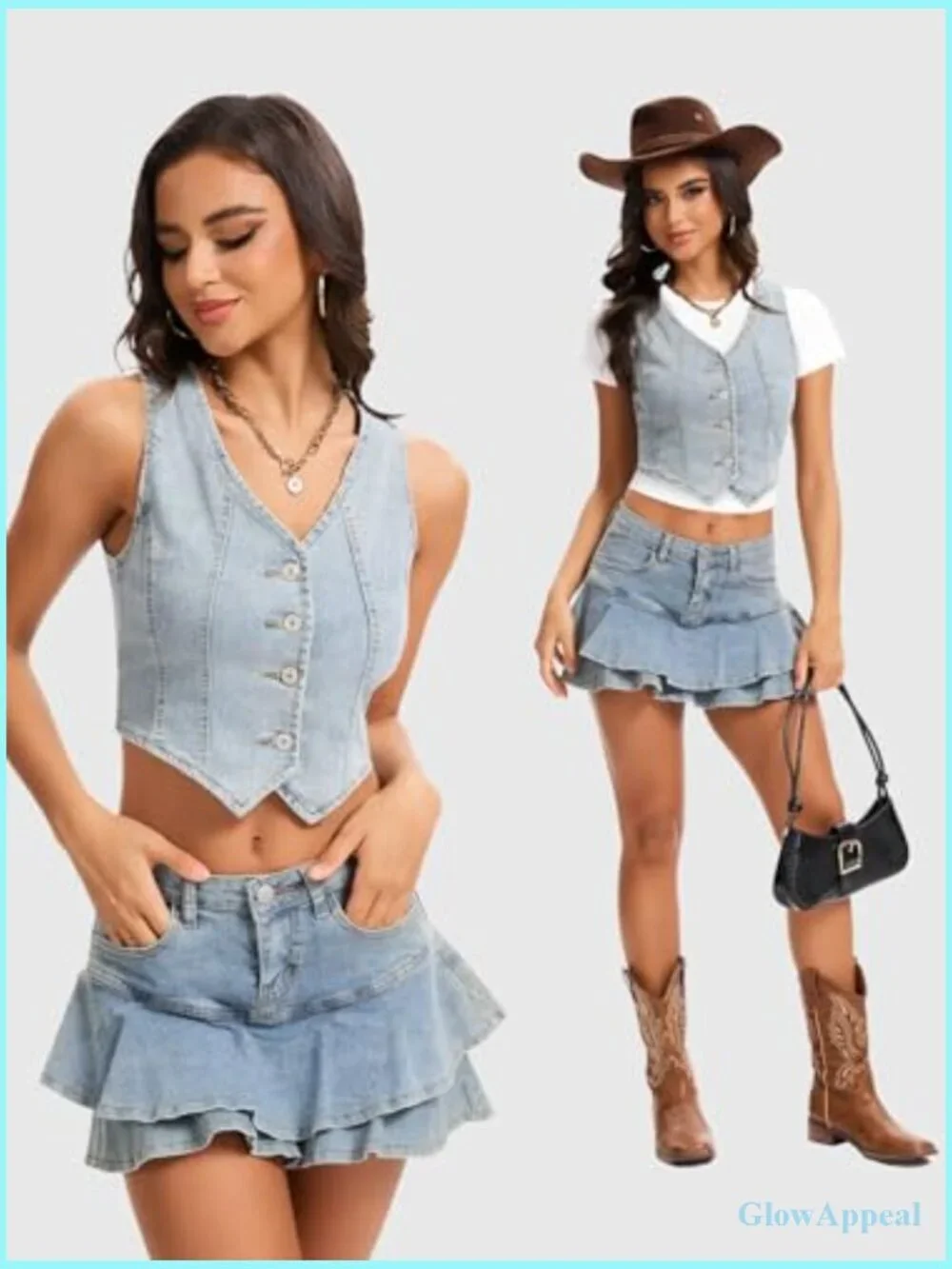 Cropped Denim Vest Sleeveless V-Neck Button Down Fitted Summer Western
